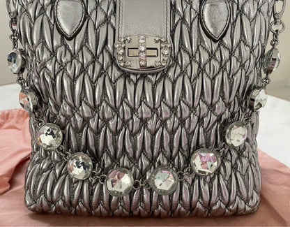 MIU MIU Nappa Crystal Tote Bag Silver Lambskin Mint #QY72TN