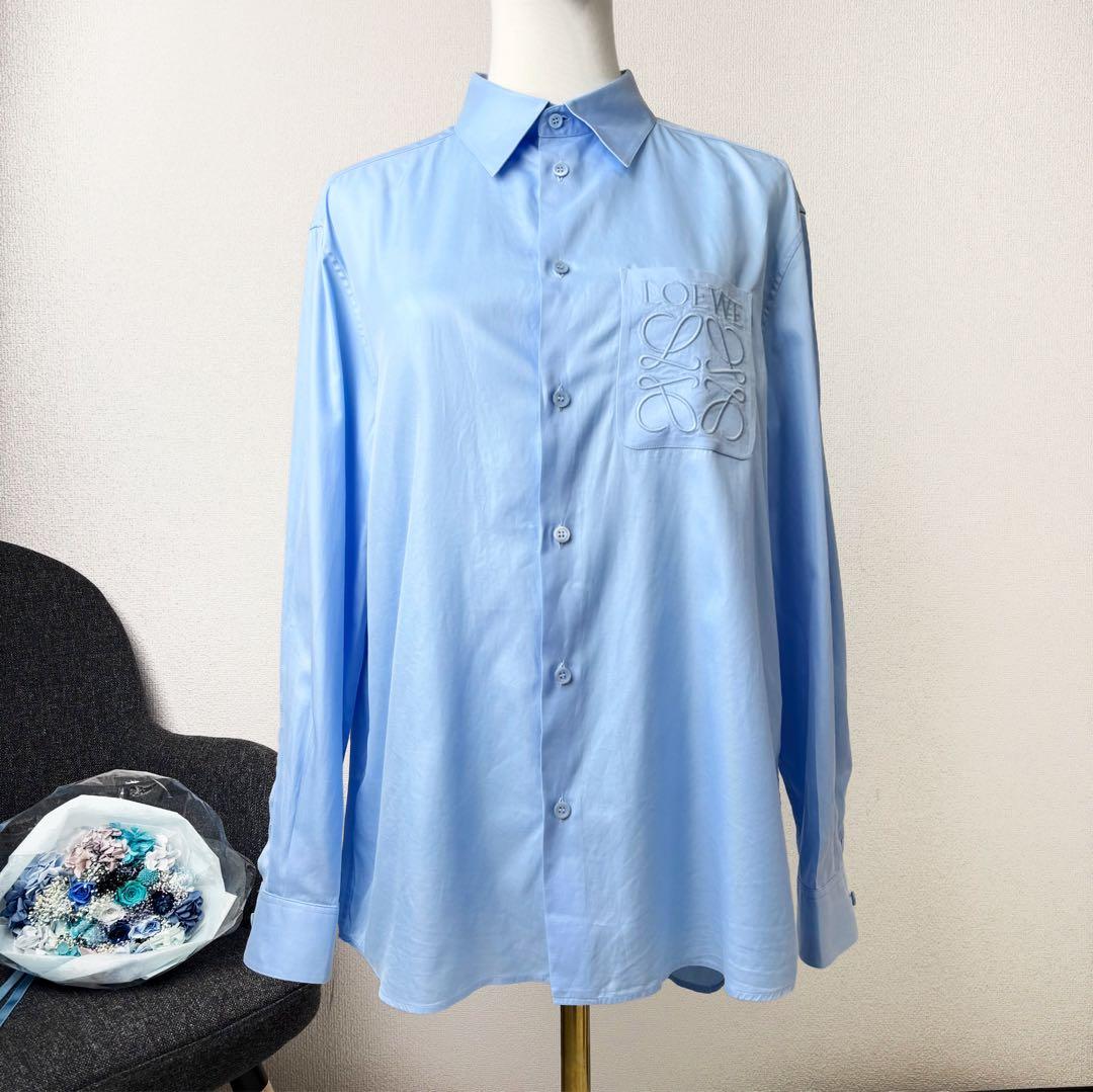 LOEWE Pocket Anagram Embroidered Shirt, Long Sleeve, Cotton, Blue #QYB59Y