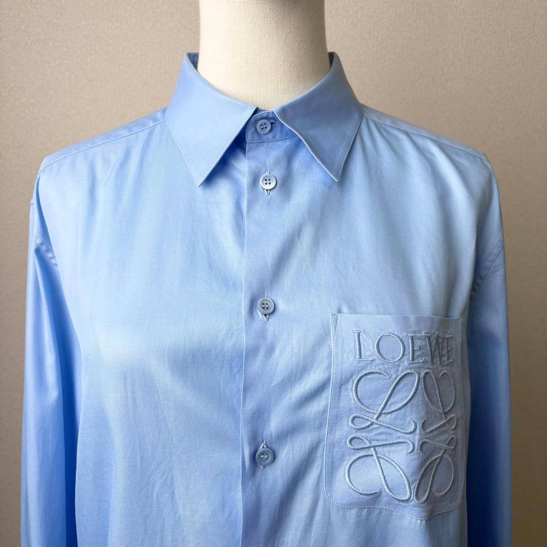LOEWE Pocket Anagram Embroidered Shirt, Long Sleeve, Cotton, Blue #QYB59Y