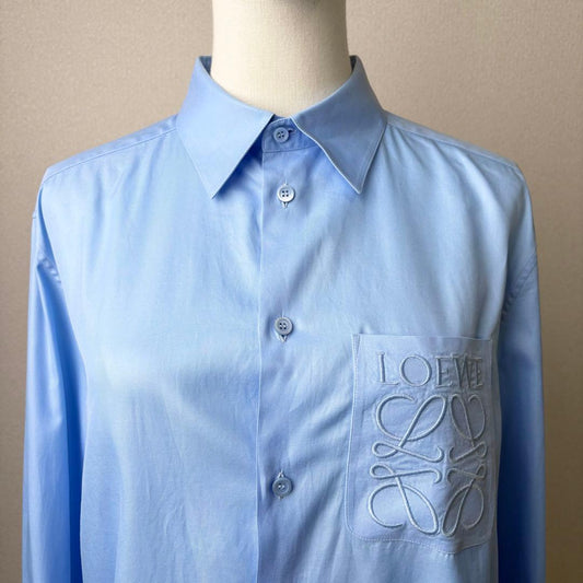LOEWE Pocket Anagram Embroidered Shirt, Long Sleeve, Cotton, Blue #QYB59Y