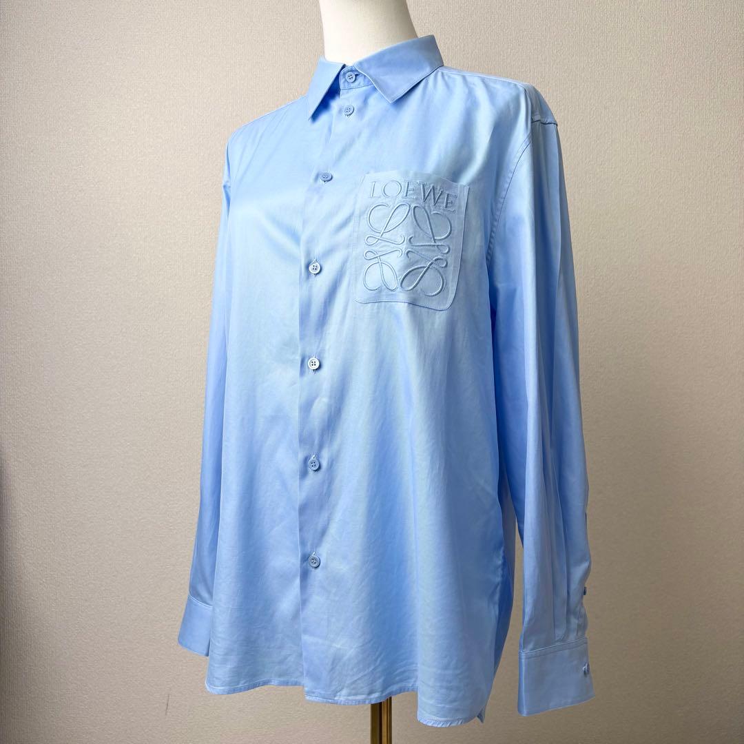 LOEWE Pocket Anagram Embroidered Shirt, Long Sleeve, Cotton, Blue #QYB59Y