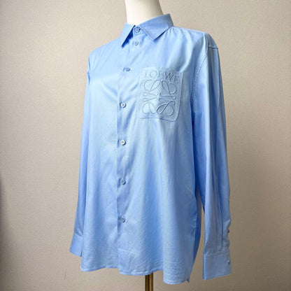 LOEWE Pocket Anagram Embroidered Shirt, Long Sleeve, Cotton, Blue #QYB59Y