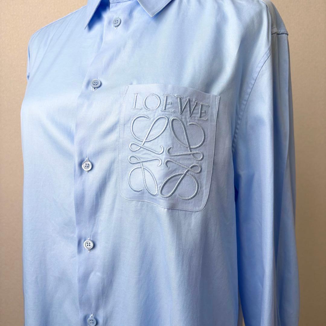 LOEWE Pocket Anagram Embroidered Shirt, Long Sleeve, Cotton, Blue #QYB59Y