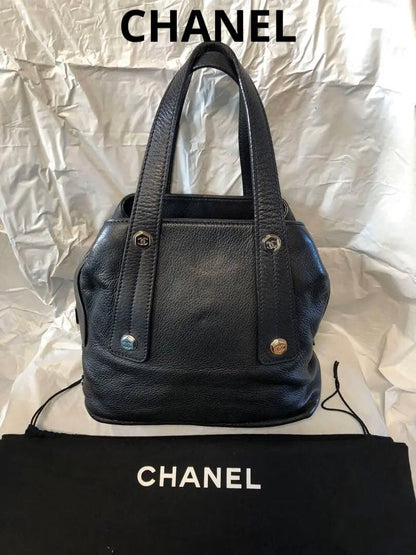 CHANEL Vintage Genuine Leather Handbag Black Serial No. Duty-Free 27x29c #QYK5GT