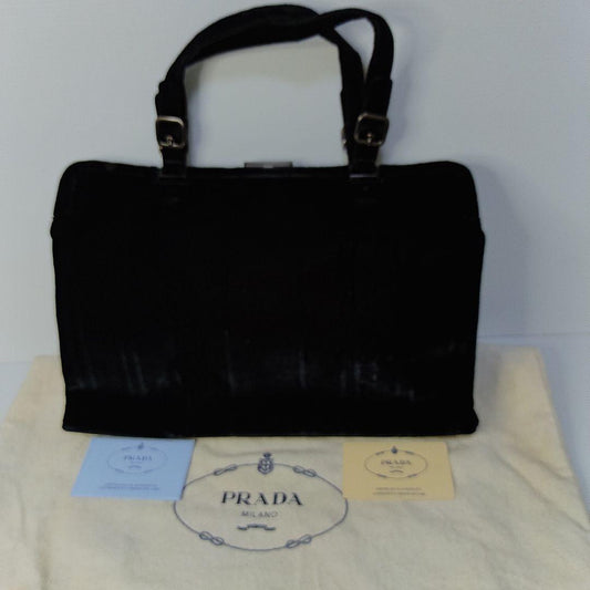 PRADA Handbag Velour Clasp Logo Embossed Black #QY8L2V