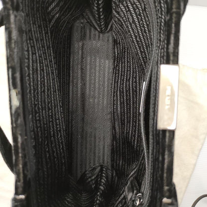 PRADA Handbag Velour Clasp Logo Embossed Black #QY8L2V