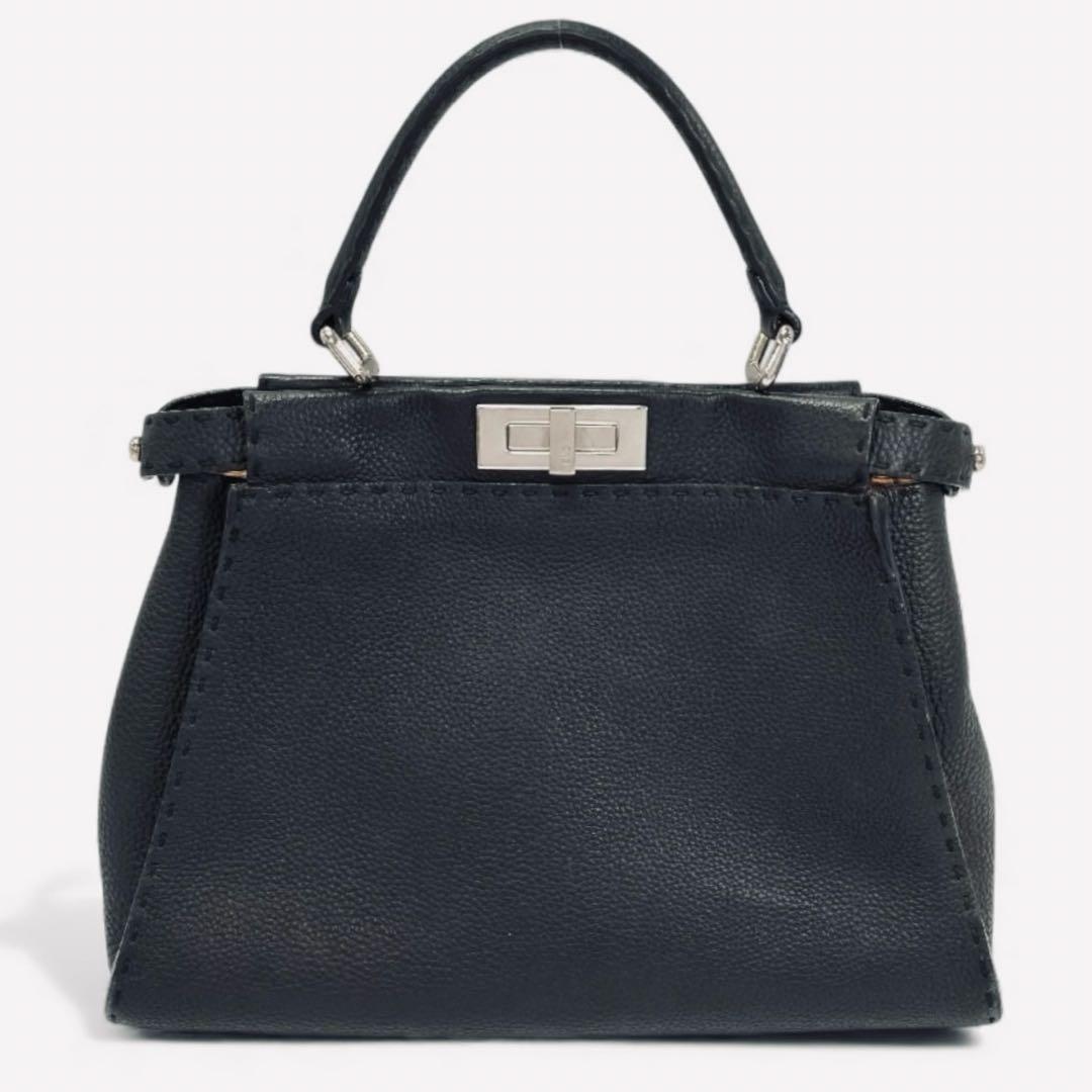 FENDI Peekaboo Selleria Medium Black Leather Handbag Rare 34cm Authentic #QYC0OI