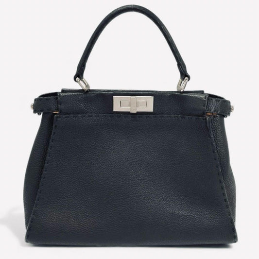FENDI Peekaboo Selleria Medium Black Leather Handbag Rare 34cm Authentic #QYC0OI