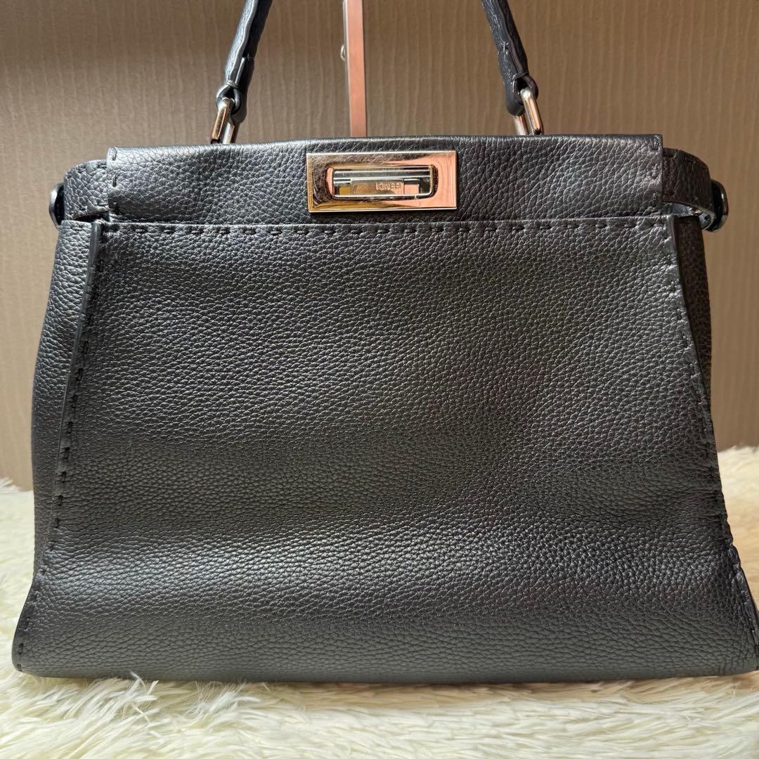FENDI Peekaboo Selleria Medium Black Leather Handbag Rare 34cm Authentic #QYC0OI