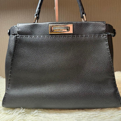 FENDI Peekaboo Selleria Medium Black Leather Handbag Rare 34cm Authentic #QYC0OI