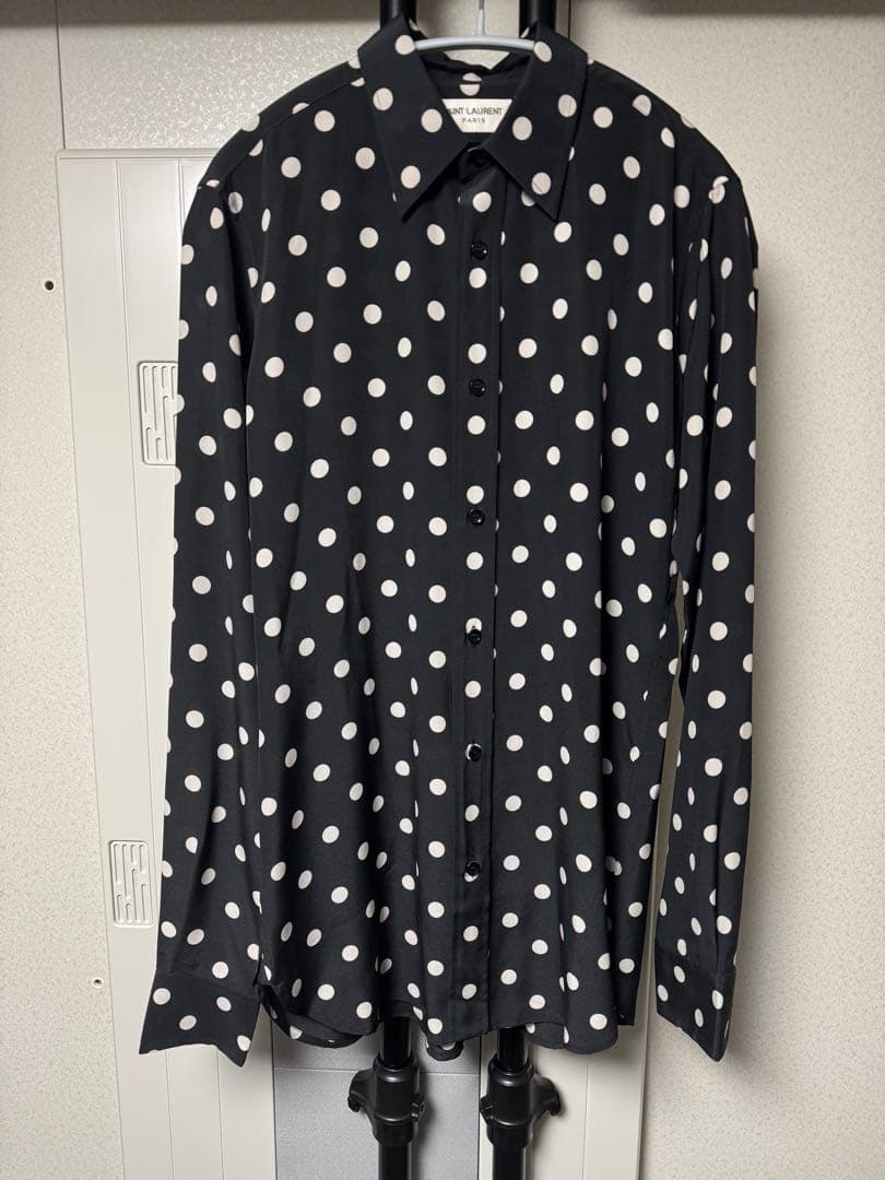 Saint Laurent Paris Hedi Silk Polka Dot Long Sleeve Shirt, Size 37 #QY42XK