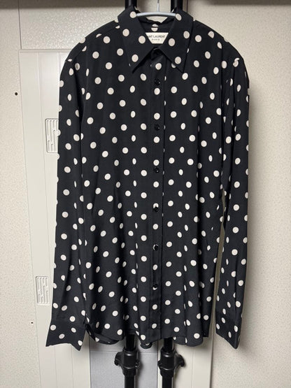 Saint Laurent Paris Hedi Silk Polka Dot Long Sleeve Shirt, Size 37 #QY42XK