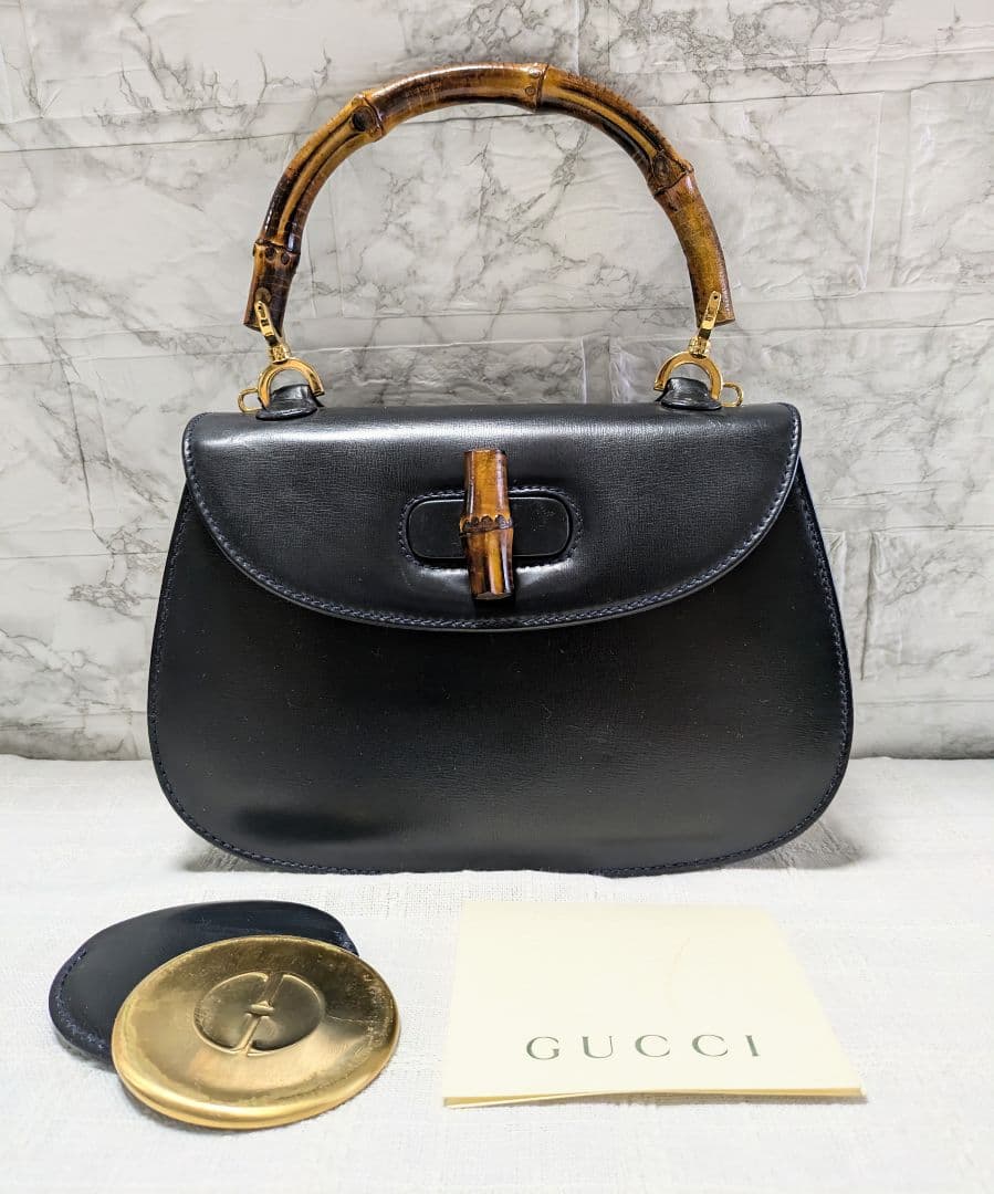 GUCCI Old Bamboo Leather Handbag Black Turn-Lock Serial 00020460188 Mirr #QYF844