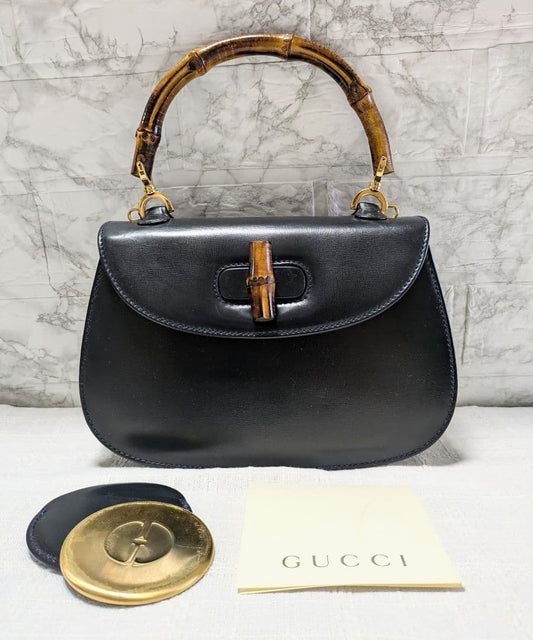 GUCCI Old Bamboo Leather Handbag Black Turn-Lock Serial 00020460188 Mirr #QYF844