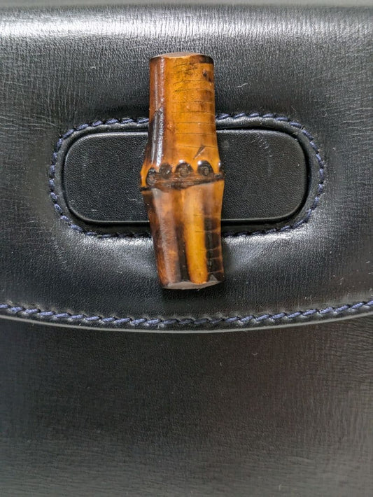 GUCCI Old Bamboo Leather Handbag Black Turn-Lock Serial 00020460188 Mirr #QYF844