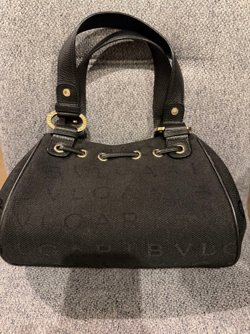 BVLGARI Black Canvas Box Handbag Gold Hardware Shoulder Bag #QYKLVT