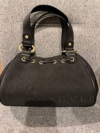 BVLGARI Black Canvas Box Handbag Gold Hardware Shoulder Bag #QYKLVT
