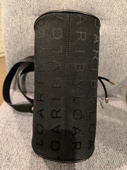 BVLGARI Black Canvas Box Handbag Gold Hardware Shoulder Bag #QYKLVT
