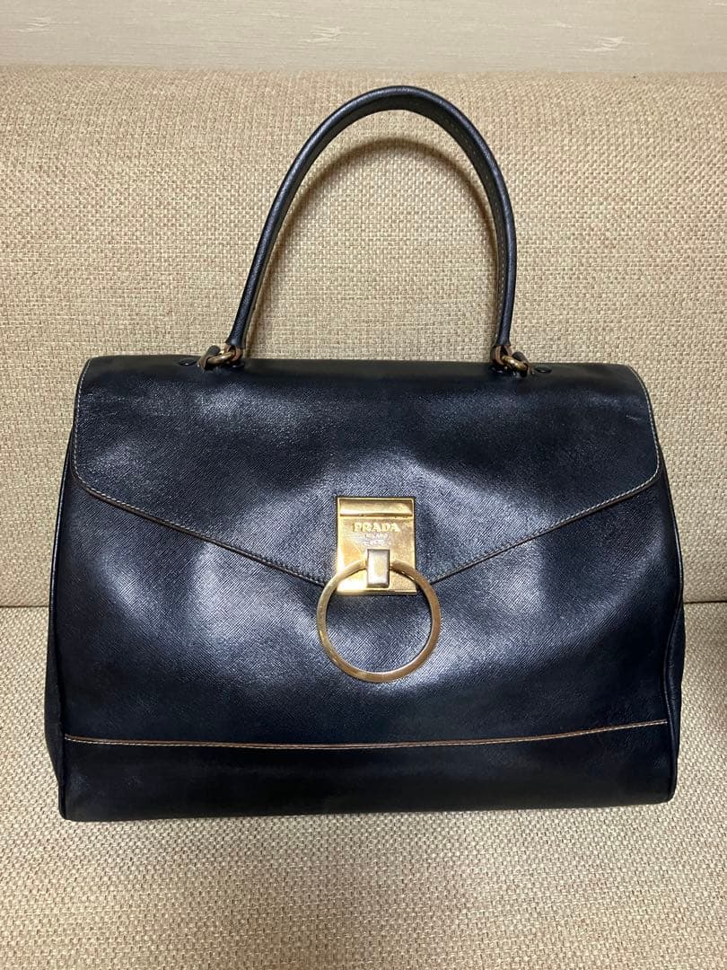 PRADA Saffiano Leather Flap Handbag Navy Gold Logo Lock #QYIW1E