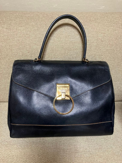 PRADA Saffiano Leather Flap Handbag Navy Gold Logo Lock #QYIW1E