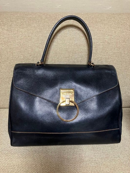 PRADA Saffiano Leather Flap Handbag Navy Gold Logo Lock #QYIW1E