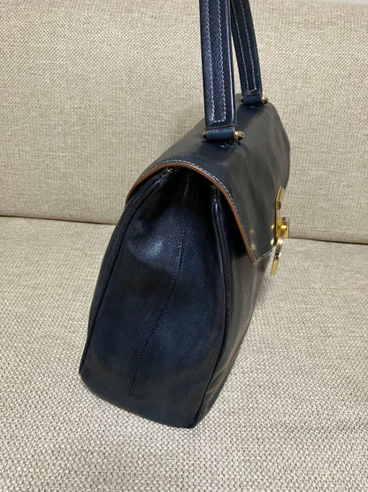 PRADA Saffiano Leather Flap Handbag Navy Gold Logo Lock #QYIW1E