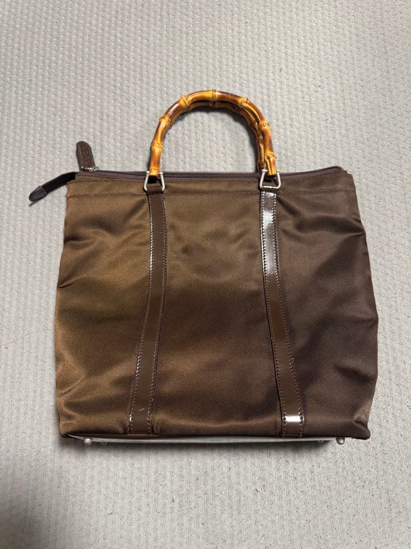 GUCCI Bamboo Handle Handbag Brown Nylon Metal Feet #QY2KMM