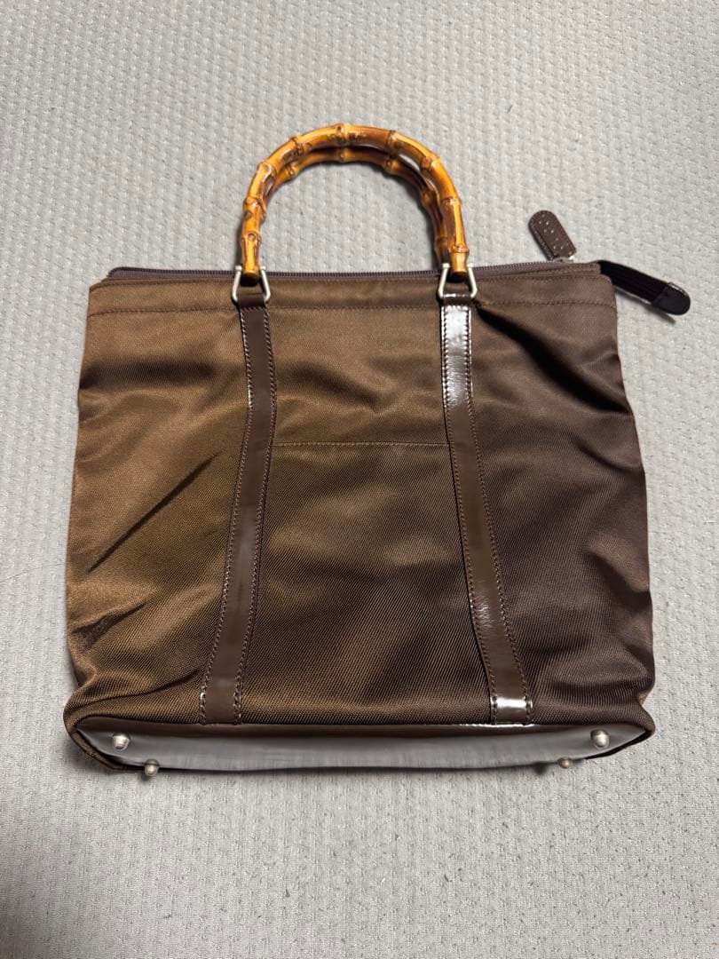 GUCCI Bamboo Handle Handbag Brown Nylon Metal Feet #QY2KMM