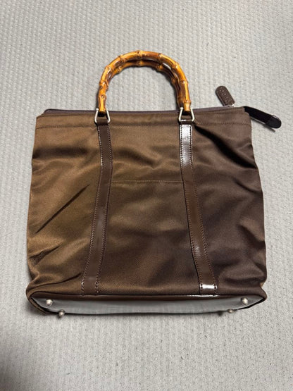 GUCCI Bamboo Handle Handbag Brown Nylon Metal Feet #QY2KMM