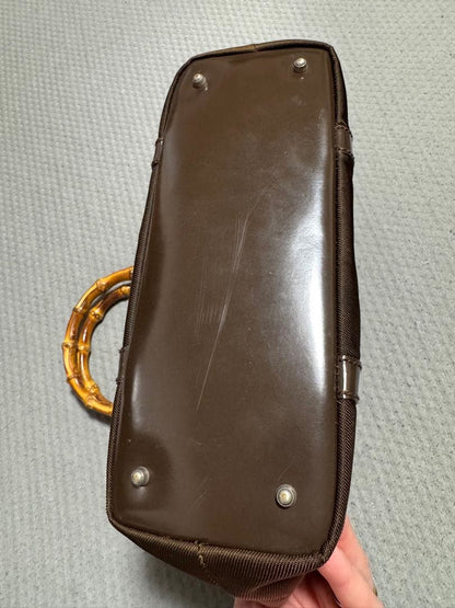 GUCCI Bamboo Handle Handbag Brown Nylon Metal Feet #QY2KMM