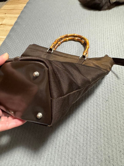 GUCCI Bamboo Handle Handbag Brown Nylon Metal Feet #QY2KMM