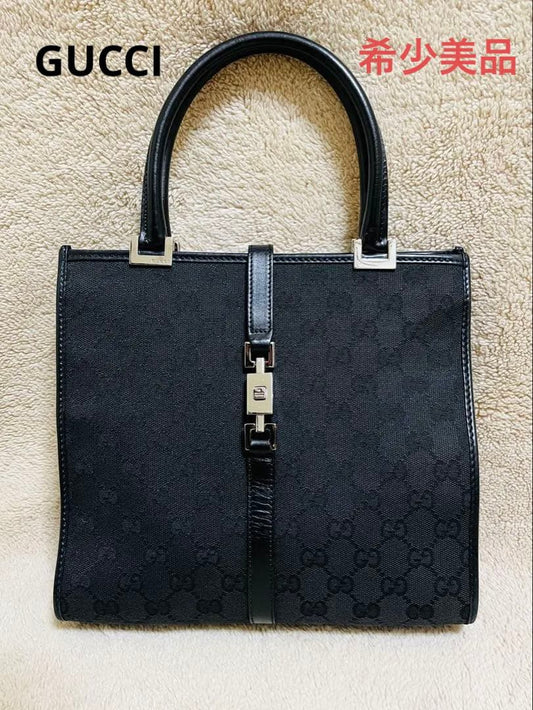 GUCCI Jackie GG Canvas Black Leather Trim Tote Handbag #QYBL8V