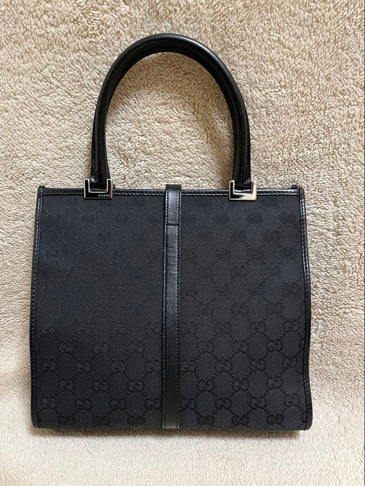 GUCCI Jackie GG Canvas Black Leather Trim Tote Handbag #QYBL8V