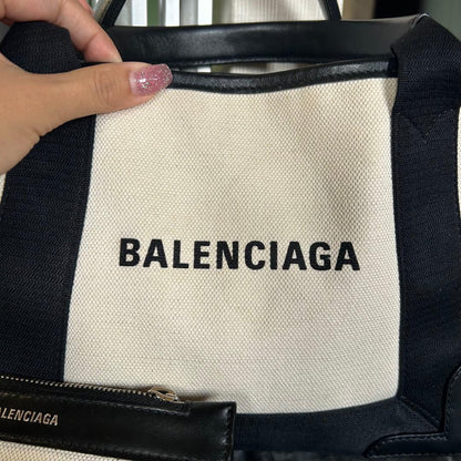 BALENCIAGA NAVY Cabas XS Tote Bag White Black Canvas With Pouch From Jap #QYB6T0