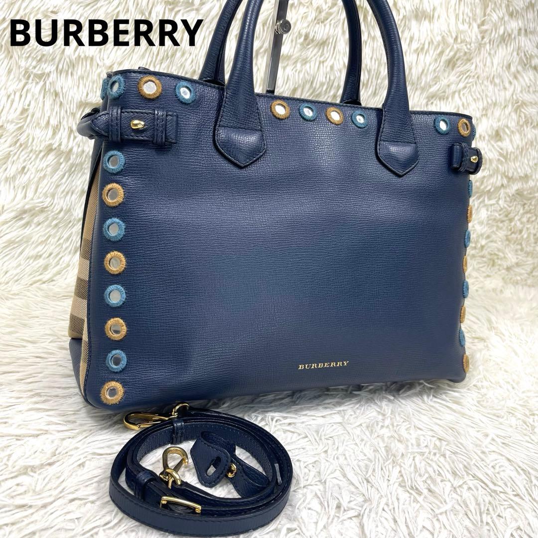 BURBERRY Nova Check 2WAY Navy Leather Handbag Mirror Patch Rare #QY0OXA