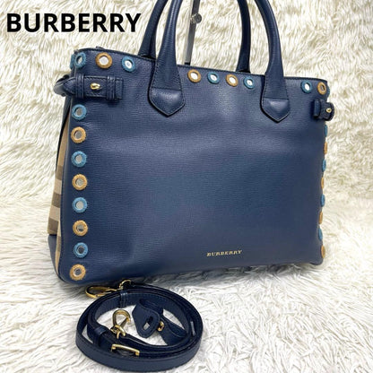 BURBERRY Nova Check 2WAY Navy Leather Handbag Mirror Patch Rare #QY0OXA