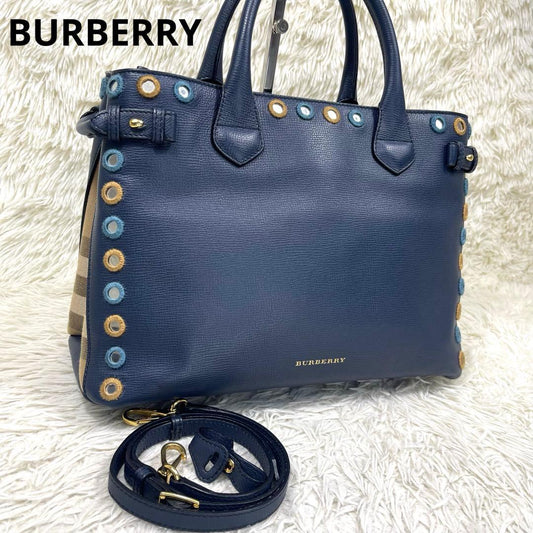 BURBERRY Nova Check 2WAY Navy Leather Handbag Mirror Patch Rare #QY0OXA