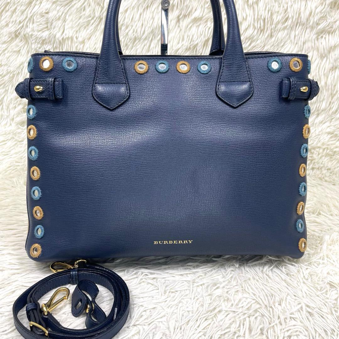 BURBERRY Nova Check 2WAY Navy Leather Handbag Mirror Patch Rare #QY0OXA