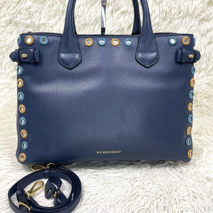 BURBERRY Nova Check 2WAY Navy Leather Handbag Mirror Patch Rare #QY0OXA