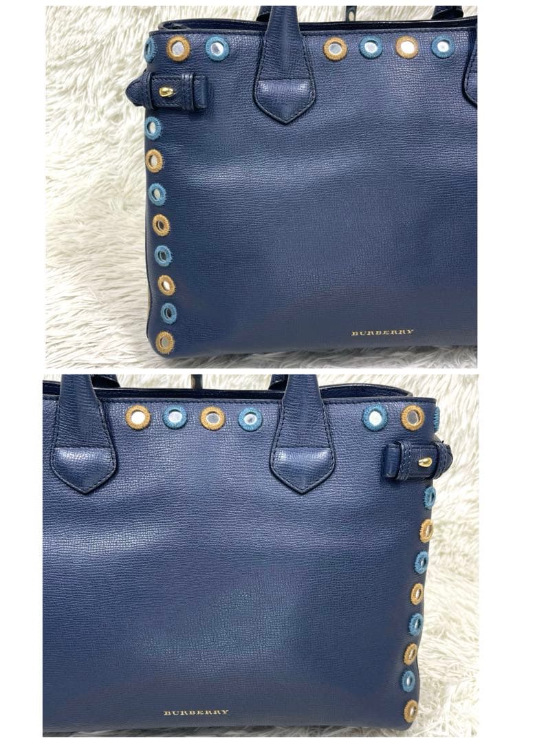 BURBERRY Nova Check 2WAY Navy Leather Handbag Mirror Patch Rare #QY0OXA