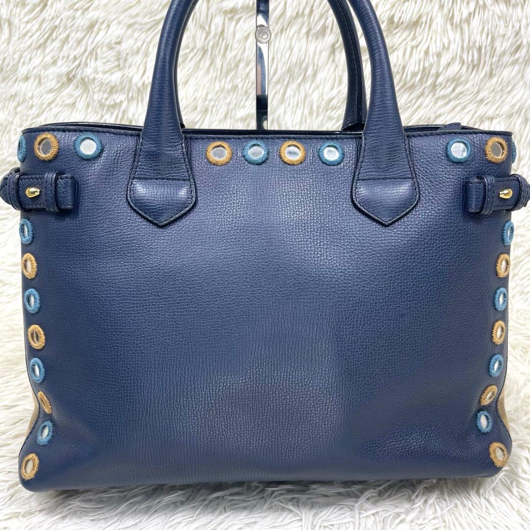BURBERRY Nova Check 2WAY Navy Leather Handbag Mirror Patch Rare #QY0OXA