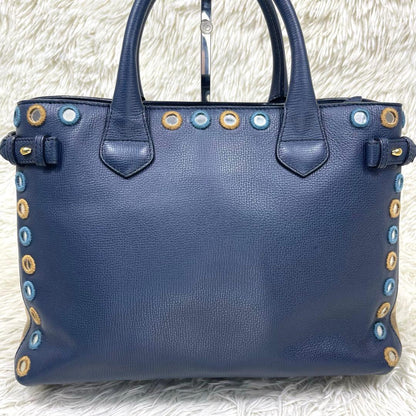 BURBERRY Nova Check 2WAY Navy Leather Handbag Mirror Patch Rare #QY0OXA