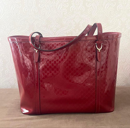 GUCCI Red Patent Enamel Tote Bag Logo Pattern Shoulder #QYC8KF