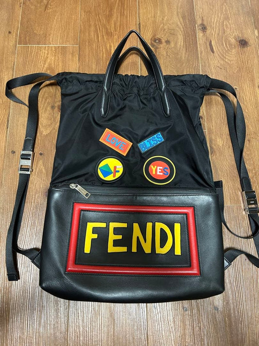 FENDI Patch Black Leather Backpack 45x35cm #QYF0QO