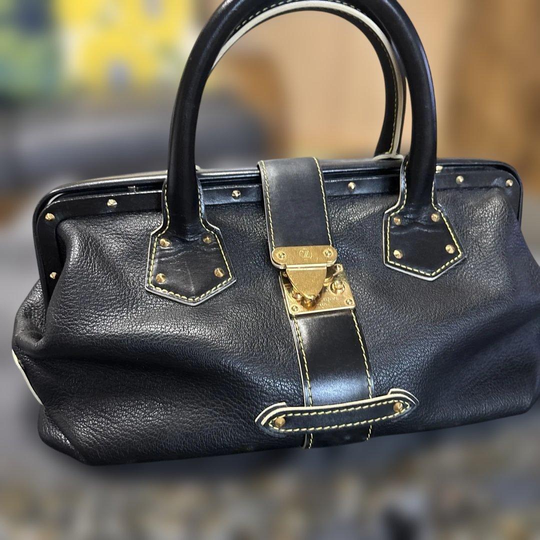 LOUIS VUITTON Stud Black Leather Handbag Gold Hardware W33cm H21cm Mitsu #QY2M3E