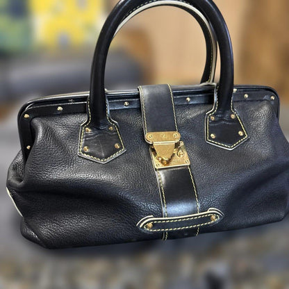 LOUIS VUITTON Stud Black Leather Handbag Gold Hardware W33cm H21cm Mitsu #QY2M3E