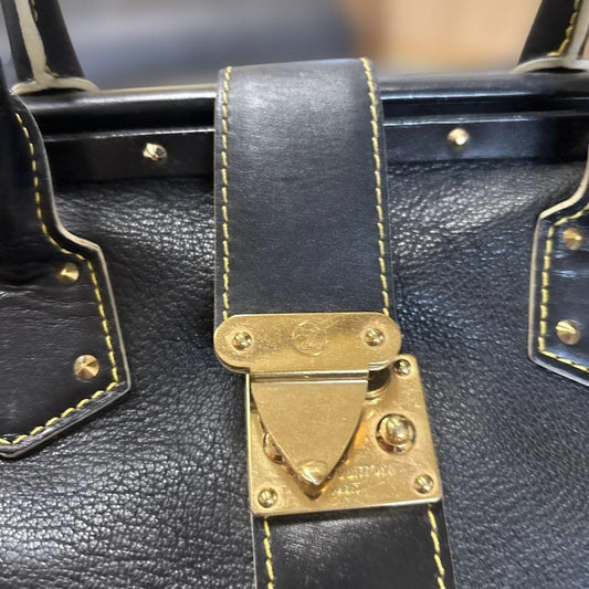LOUIS VUITTON Stud Black Leather Handbag Gold Hardware W33cm H21cm Mitsu #QY2M3E