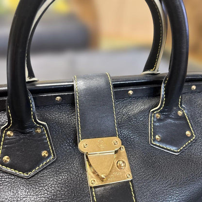 LOUIS VUITTON Stud Black Leather Handbag Gold Hardware W33cm H21cm Mitsu #QY2M3E