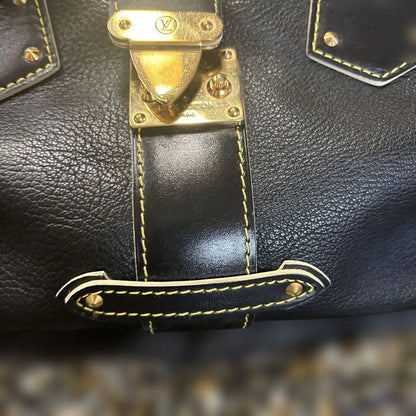 LOUIS VUITTON Stud Black Leather Handbag Gold Hardware W33cm H21cm Mitsu #QY2M3E
