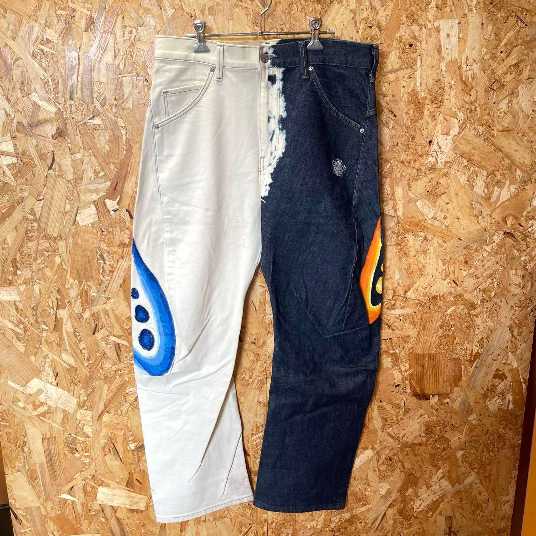 One-of-a-kind remade vintage bleached and painted denim pants in dark bl #PC13DP